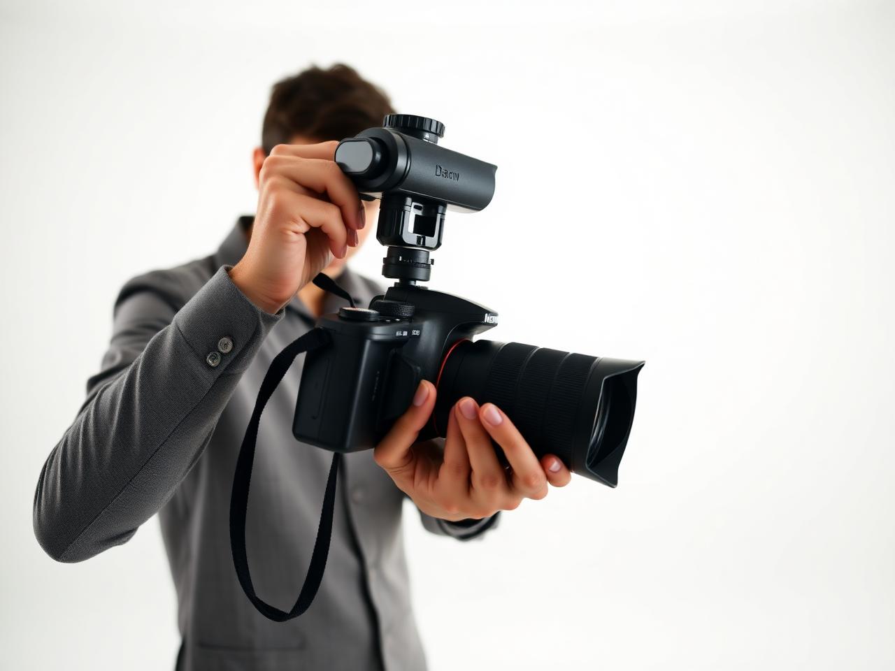 Fotógrafo profesional con cámara réflex en sesión de estudio